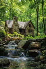 Fototapeta premium A charming stone cottage is nestled within a vibrant, lush forest, graced by a tranquil waterfall that flows gently under the midday sun