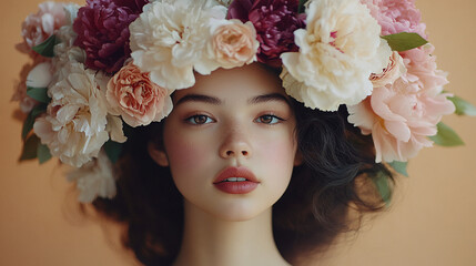 Enigmatic beauty in a floral crown showcasing serene portrait with delicate blossoms around face