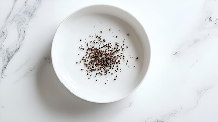 Small peppercorns scattered in a pristine white bowl on a marble surface, minimalistic culinary scene.