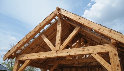 Fototapeta premium Wooden roof structure construction site architectural detail outdoor upward view craftsmanship