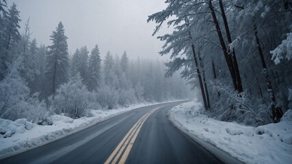 Snow-covered forest road on a foggy winter day. A winding road cuts through a dense, snow-covered forest on a foggy winter day, creating a peaceful yet mysterious seasonal landscape.  