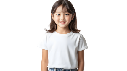 Portrait of a happy beautiful korean kid girl, with short haired bang style, wearing a white T-shirt, front view, mockup concept.