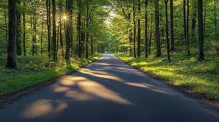 Obraz premium Sunlit Road Through Lush Green Forest Trees