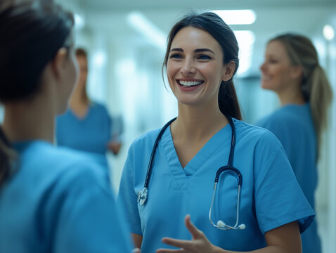 Infermieri che parlano tra di loro nel corridoio di un ospedale, visi sorridenti e rassicuranti, sfondo sfuocato, alcuni in divise bianche, altri in divise blu. foto realistico, cinematico.