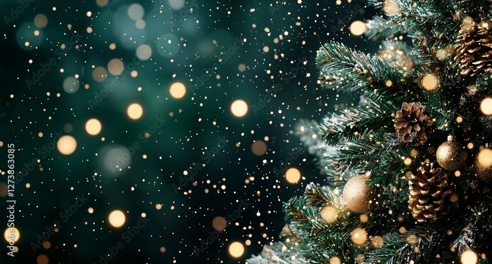 Poster an intimate photo of a string-lit, frosted evergreen branch, positioned against a dreamy bokeh of tw