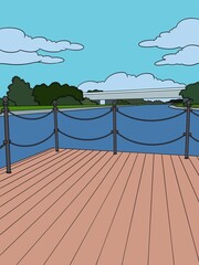 Cartoon background flat illustration of a wooden deck with rope fencing, overlooking a serene landscape with trees, clouds, and a distant bridge. Ideal for coloring books, backgrounds, design project