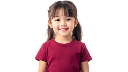 Portrait of a happy beautiful korean kid girl, with short haired bang style, wearing a red T-shirt, front view, mockup concept.