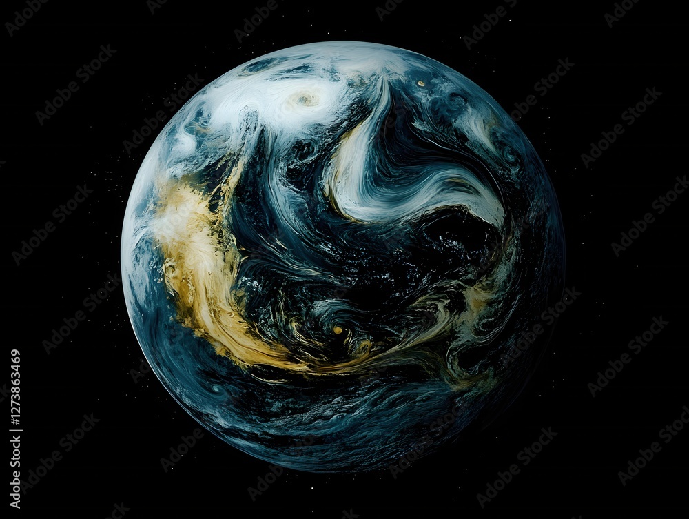 Poster abstract globe in deep space with swirling clouds and golden tones artistic rendering