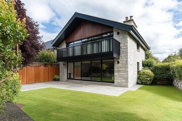 Modern house with a spacious garden and large windows nestled in a peaceful neighborhood showcasing contemporary design elements and ample natural light