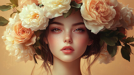 Dreamy portrait of a woman adorned with peach and ivory roses in soft romantic lighting
