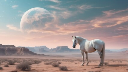 Spaceman riding a horse in outer space neon style