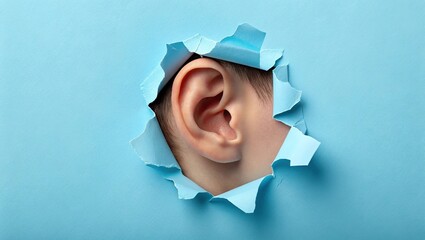 Close-Up of Ear Breaking Through Blue Paper - A creative image of a human ear breaking through light blue paper, symbolizing listening and communication.