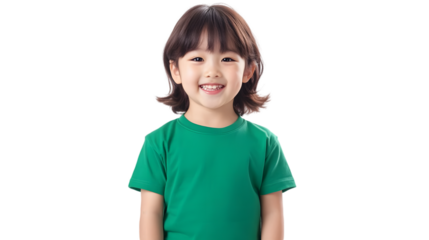 Portrait of a happy beautiful korean kid girl, with short haired bang style, wearing a green T-shirt, front view, mockup concept.