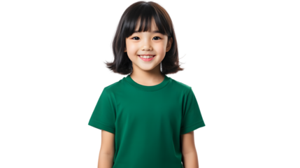 Portrait of a happy beautiful korean kid girl, with short haired bang style, wearing a green T-shirt, front view, mockup concept.