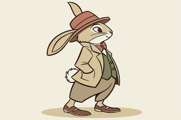  Anthropomorphic rabbit, dapper suit, fedora hat, vintage style, realistic fur texture, standing upright, brown leather shoes, whimsical character, children's book illustration, soft lighting, neutr