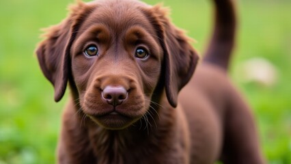 A chocolate labradoodle standing on grass with a blurred background.