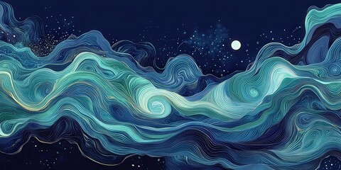 Fototapeta premium A mesmerizing digital illustration of a star-studded night sky, crafted with delicate lines and curves, evoking depth and dynamism against an enchanting deep blue backdrop