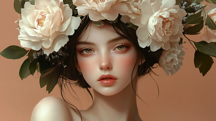 Ethereal beauty, Portrait of a young woman adorned with delicate blossoms crown, artistic rendering