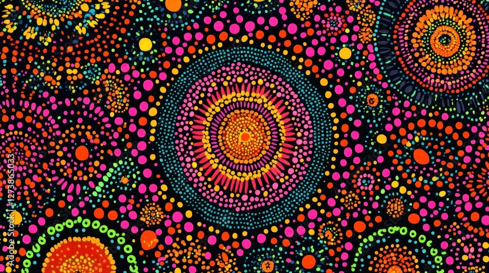Poster vibrant abstract design featuring colorful circular patterns against a dark background.
