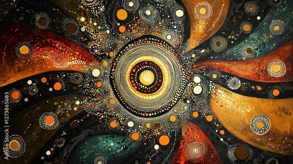 Poster abstract swirling design with circular patterns and vibrant colors.