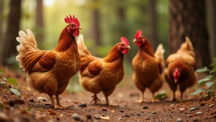 Fototapeta premium Cinnamon Queen chickens foraging on a forest floor, surrounded by trees and natural elements.