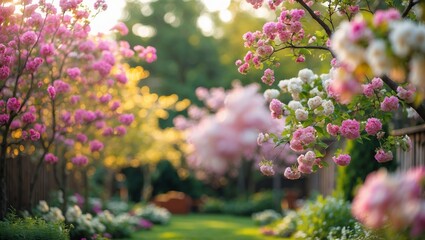 Blossoming garden filled with vibrant pink and white flowers during golden hour