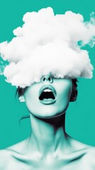 Surreal concept with cloud head turquoise background
