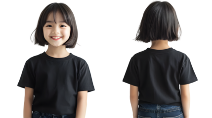 Portrait of a happy beautiful korean kid girl, with short haired bang style, wearing a black T-shirt, front and back view, mockup concept.