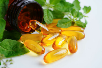 Alternative medicine herbal organic capsule with vitamin E omega 3 fish oil, mineral, drug with...