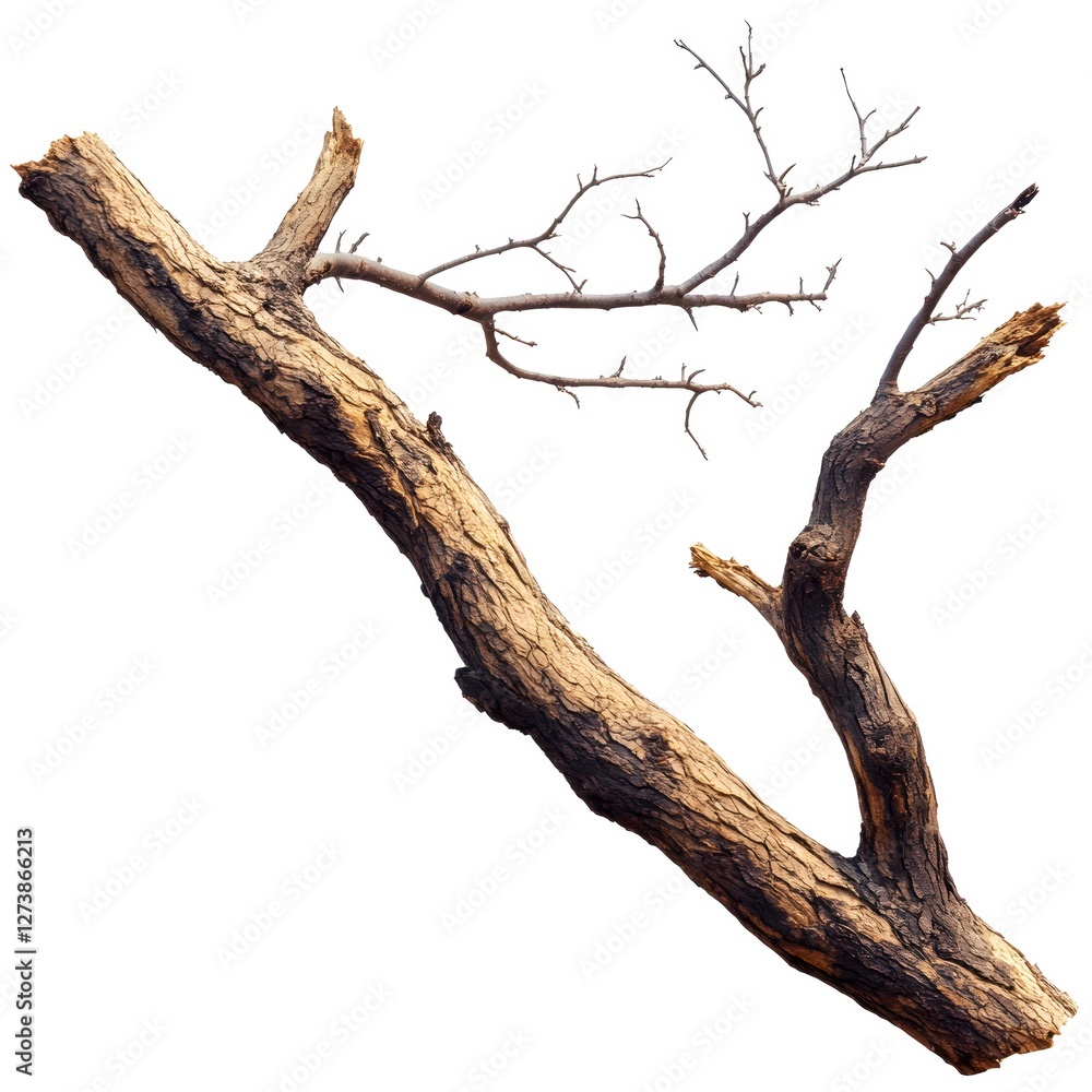 Aufkleber striking bare tree branch against white backdrop showcasing intricate bark texture and stark form