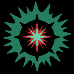 A striking teal sunburst encircles a vibrant red and green star, creating a captivating abstract design.