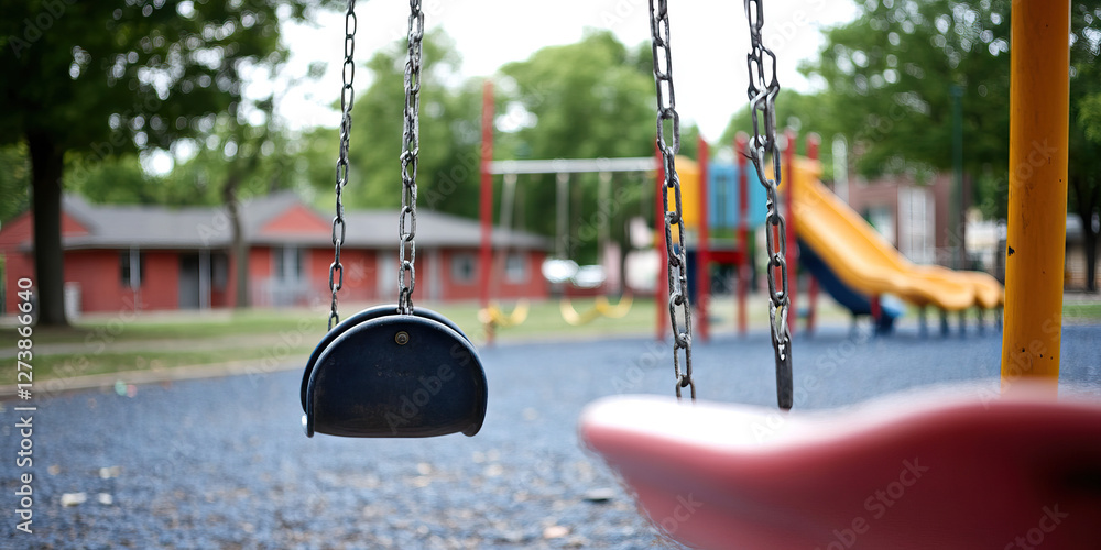 Poster playground swing set with building in background