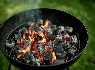 Cozy fire burning in a firepit surrounded by lush green grass, perfect for outdoor gatherings and relaxation.