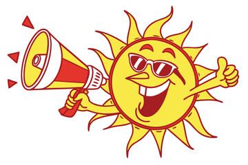  Cartoon sun character, smiling sun with sunglasses, cheerful sun mascot, yellow sun with red megaphone, sun wearing cool shades, anthropomorphic sun, vibrant colors, white background, vector illust