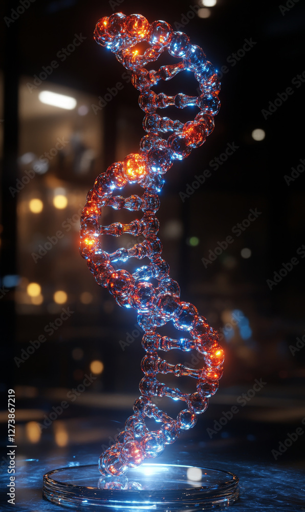 Poster illuminated dna double helix structure with vibrant colors and reflections