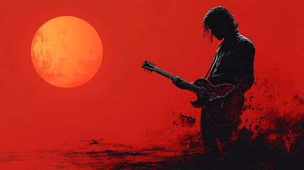 guitar silhouette against vibrant red backdrop evokes strong emotions