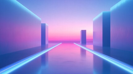 Fototapeta premium Futuristic sunset city, neon lights, reflective surface, digital art, website banner
