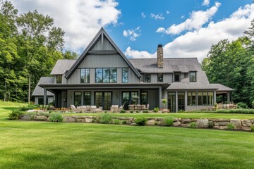 Obraz premium Nestled amidst lush greenery and under brilliant, vibrant skies, this modern countryside house offers a tranquil retreat, harmonizing beautifully with nature