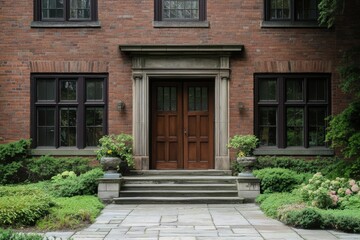 Elegant entrance of a vintage brick house framed by lush greenery, featuring a sturdy wooden door and stone pathway in a serene suburban neighborhood during daylight