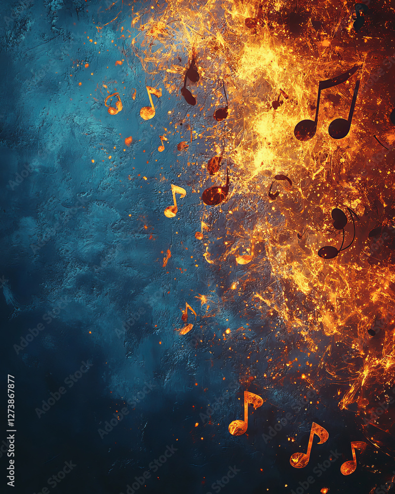 Poster abstract music notes blend with vibrant colors, creating dynamic visual