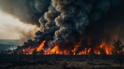 Massive wildfire spreading through dense forest. A large wildfire engulfs a dense forest, with bright flames and thick smoke rising into the sky, causing destruction and devastation. 