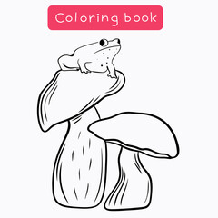 Coloring book for children, coloring page with frog on mushroom, vector illustration available for printing