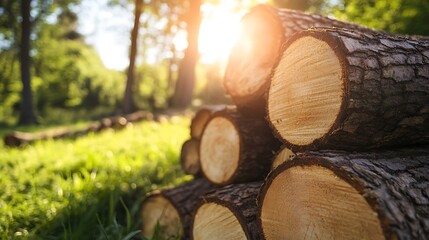 Pile of wooden logs, big trunks of tall trees cut and stacked in a forest. Ecological damage and deforestation's Impact on environment, forest destruction and disappearing