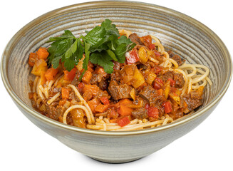 Spaghetti with meat and vegetables on a white background
