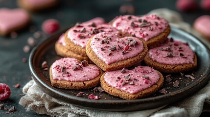 Heart-shaped cookies with pink frosting and chocolate chips arranged on a rustic plate