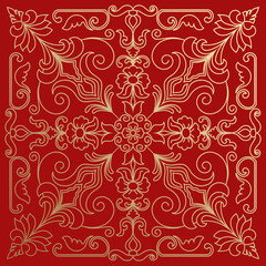 Golden line mandala on red background, carpet, abstract mat.