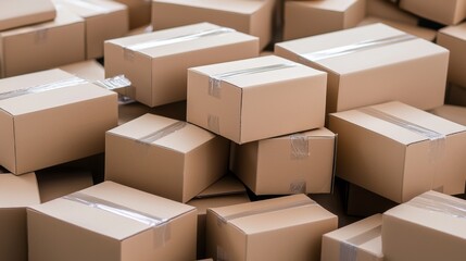 Fototapeta premium Numerous stacked cardboard boxes in a warehouse setting during daylight hours