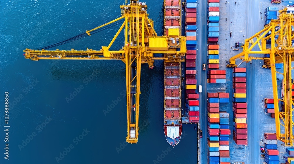 Poster aerial view of a busy shipping port with colorful containers and a yellow crane unloading cargo from