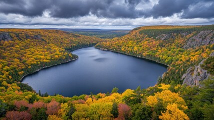 Fototapeta premium Autumnal lake nestled within a vibrant forest landscape