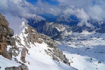 Snowy view of the summit of the Zugspitze, the highest mountain top in Germany in the Bavarian Alps region, in summer